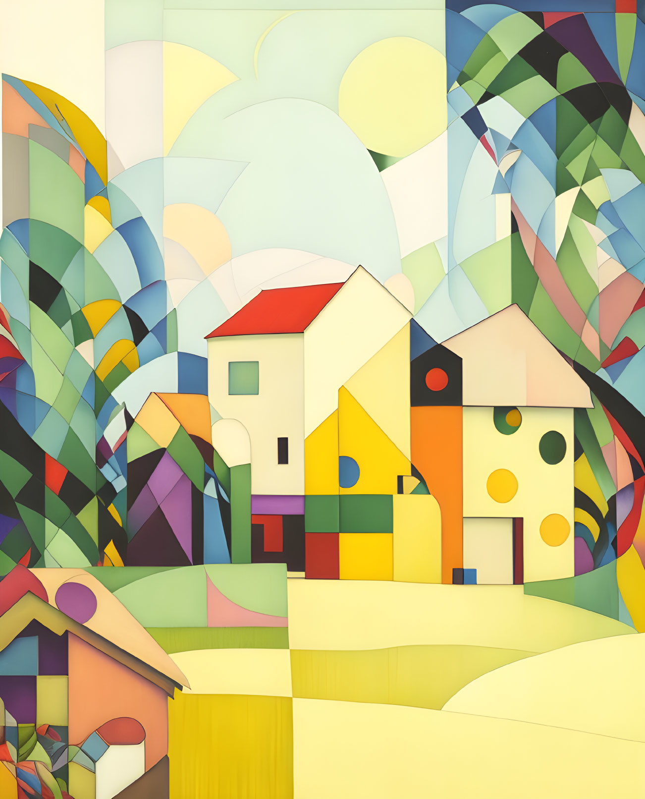 Colorful Cubist Painting of Geometric Houses