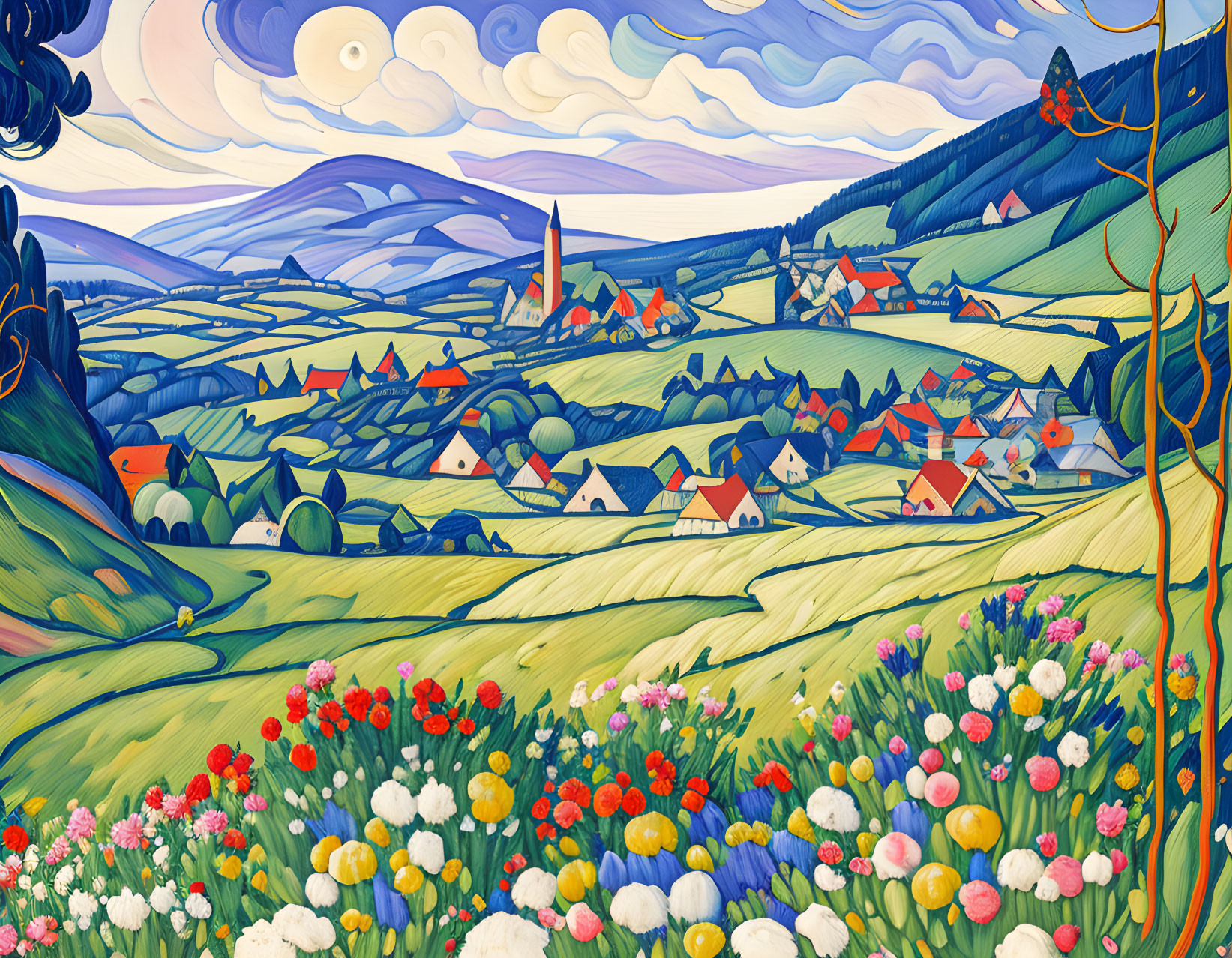 Colorful landscape with rolling hills, village, flowers, and whimsical sky