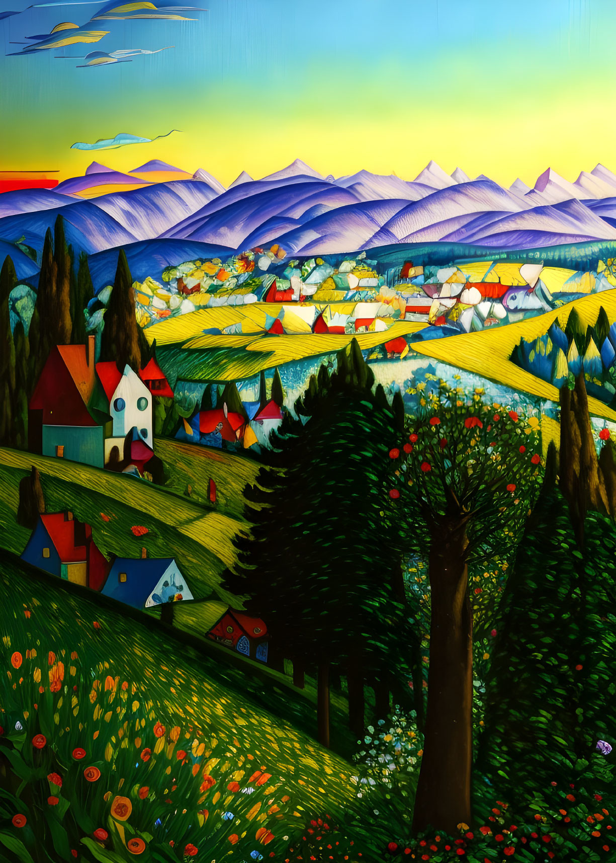 Colorful landscape painting with rolling hills and quaint houses under a yellow sky