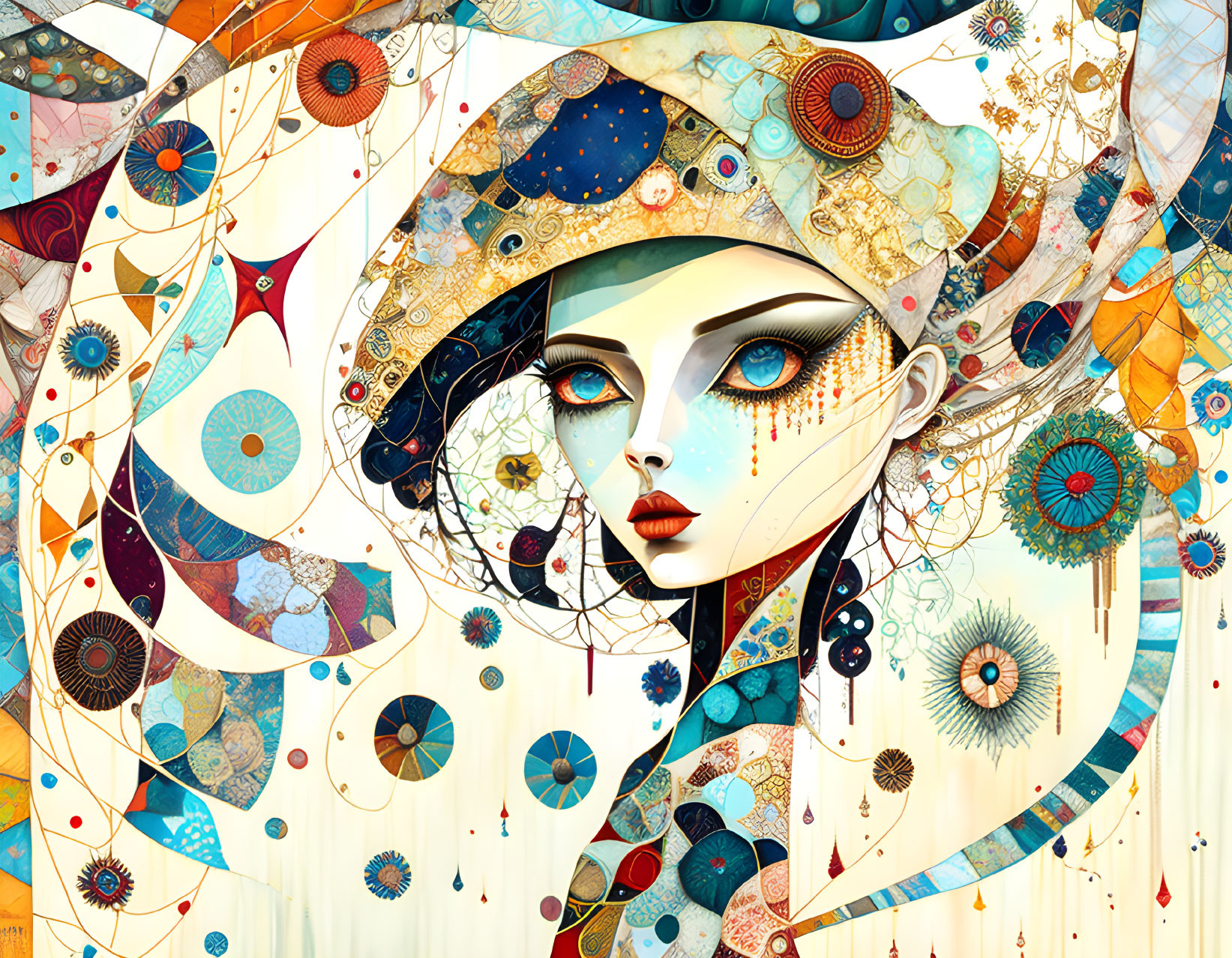 Colorful Surrealist Woman Illustration with Intricate Patterns and Dreamlike Elements