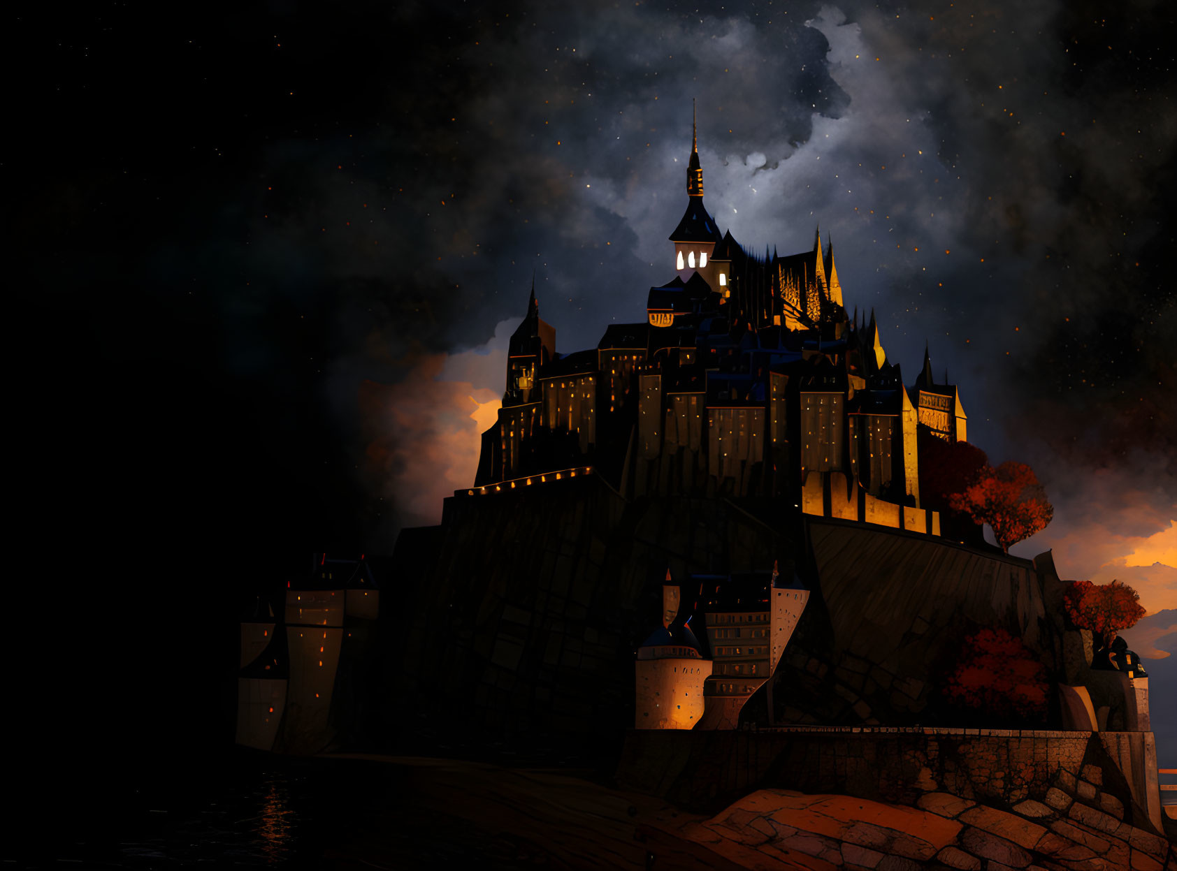 Majestic castle on rocky cliff at night with glowing windows