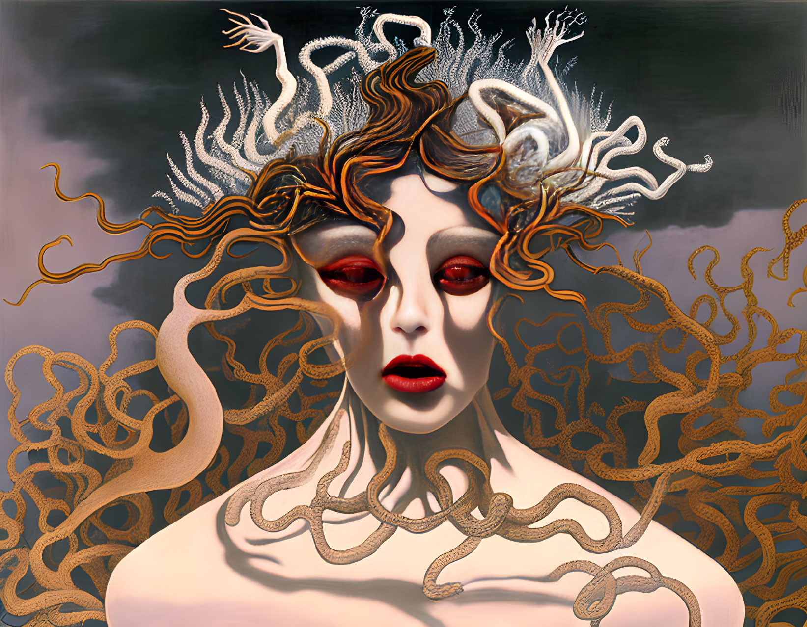 Surreal portrait: Woman with serpentine hair, red lips, pale skin, striking eyes