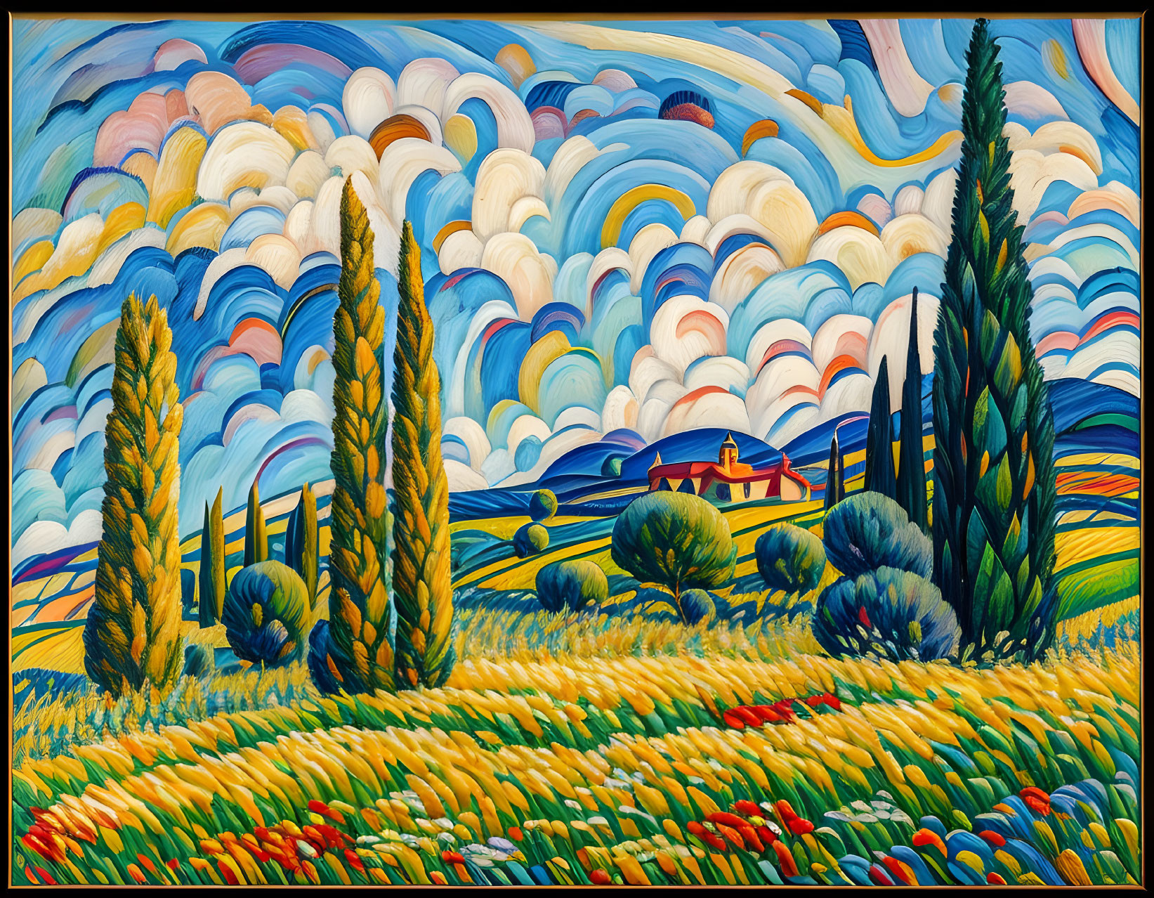 Colorful Landscape Painting with Swirling Clouds and Cypress Trees