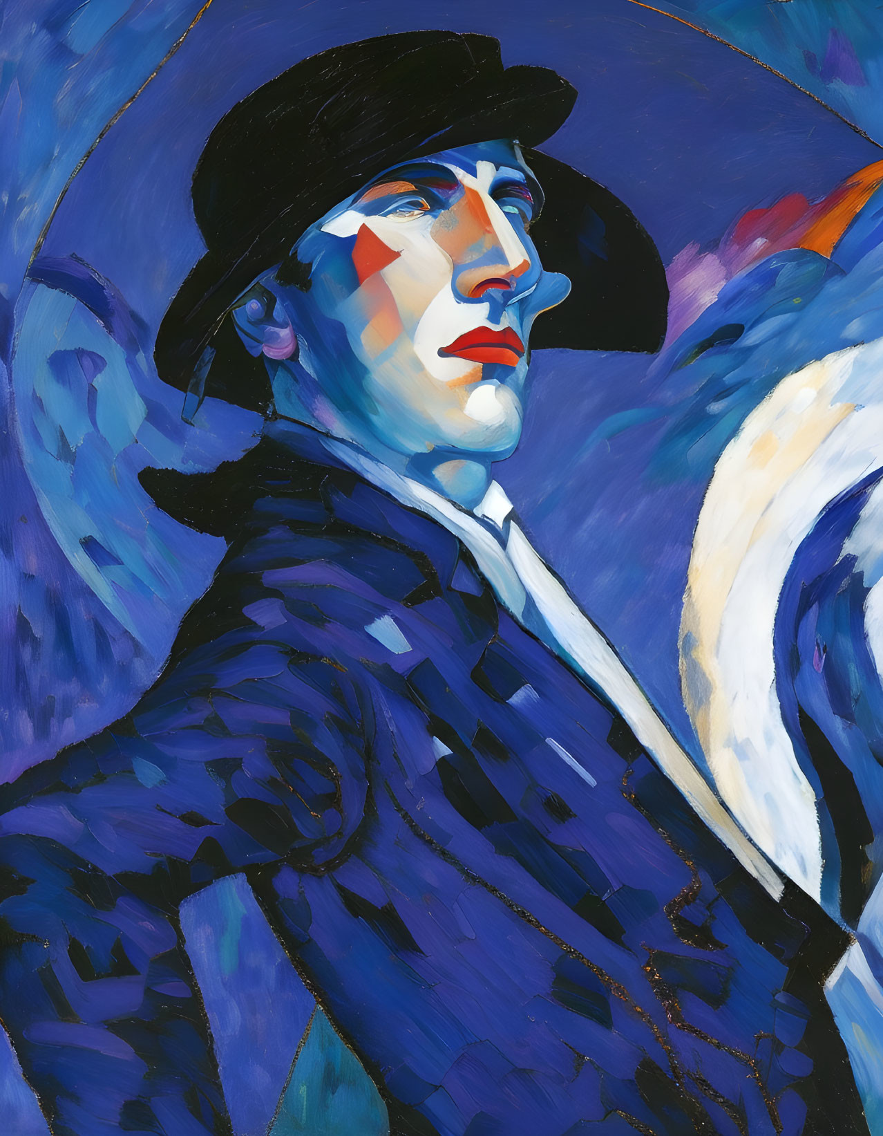 Stylized portrait of a man in a hat with blue and red cubist tones