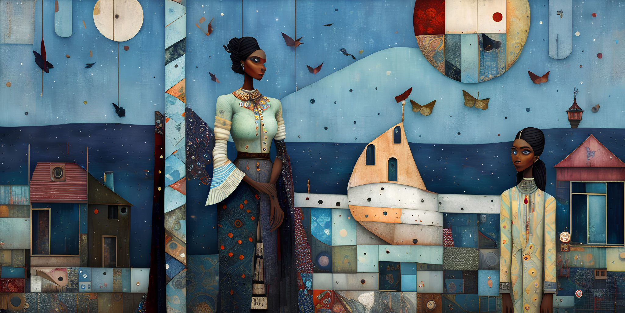 Digital artwork: Two women in elegant attire amid abstract buildings under celestial-themed sky.