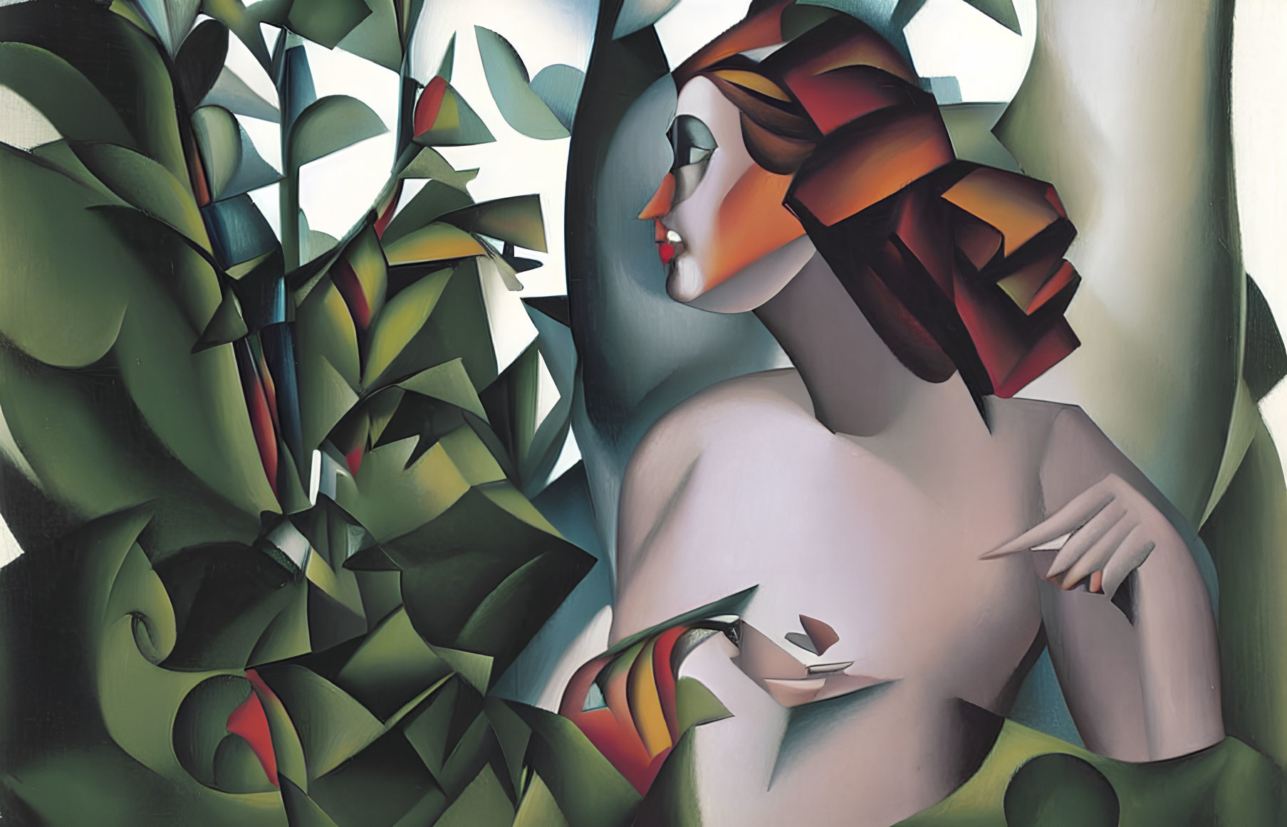 Cubist-style painting of a woman with vibrant green foliage