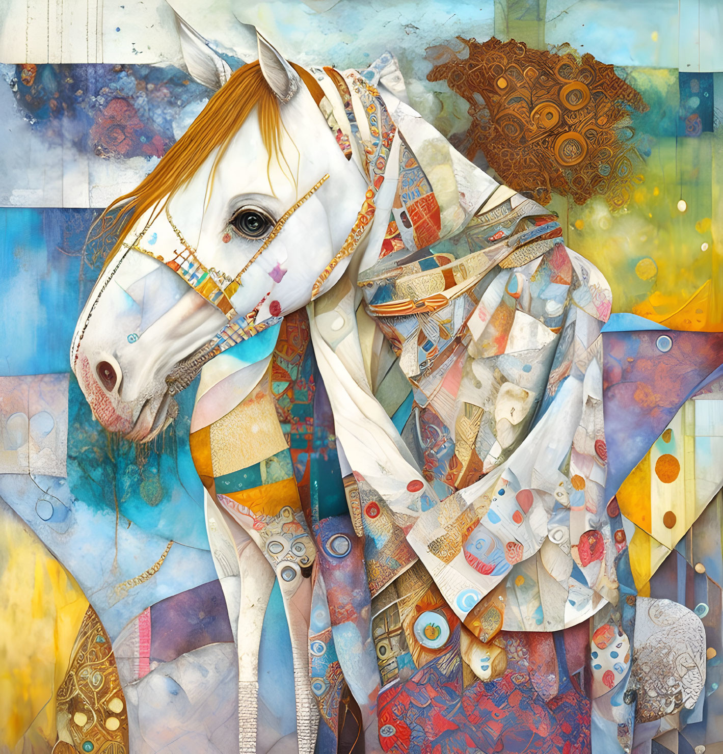 Vibrant horse artwork with intricate patterns and abstract designs