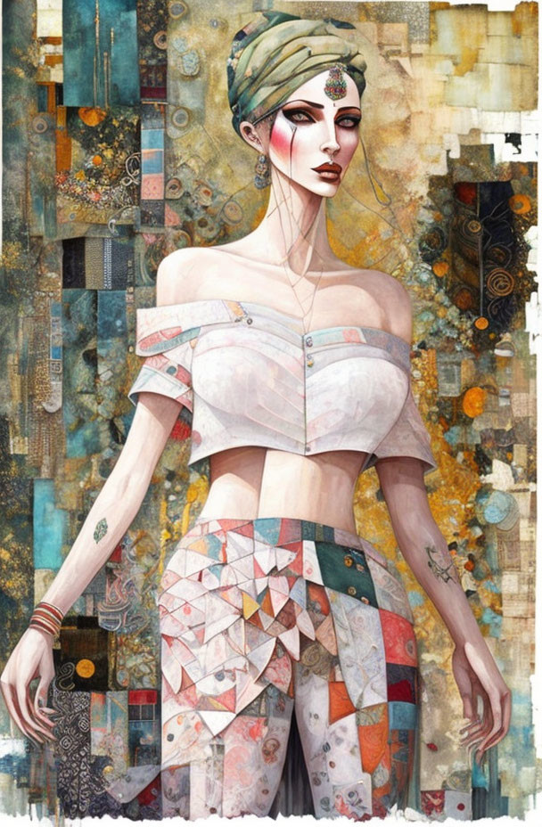 Detailed Illustration of Stylish Woman in Headscarf & Patchwork Skirt