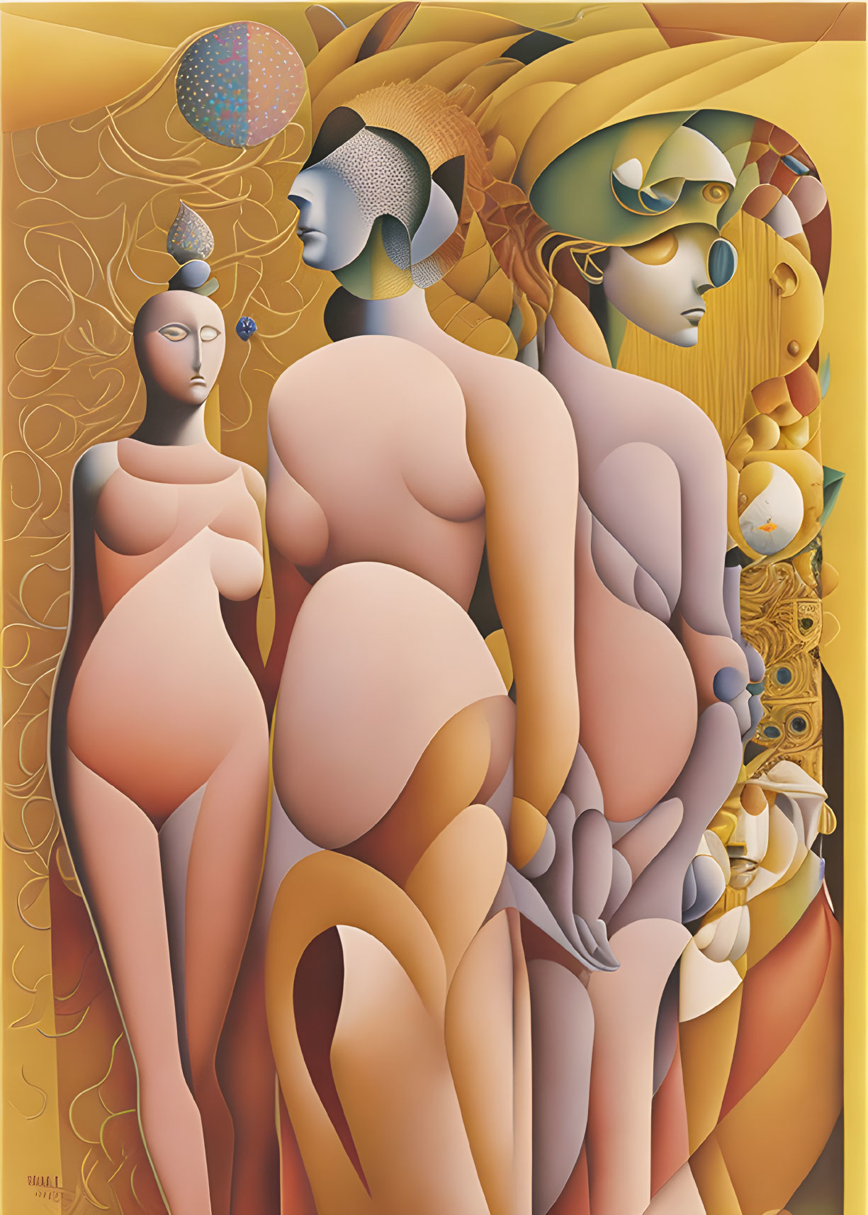 Abstract Surrealist Painting of Stylized Nude Figures in Warm Golden Tones