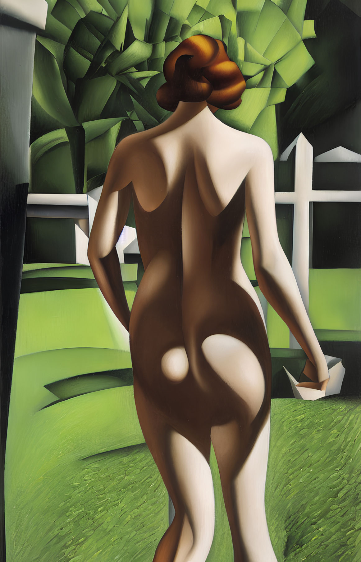 Stylized painting of woman's back on abstract green and white background