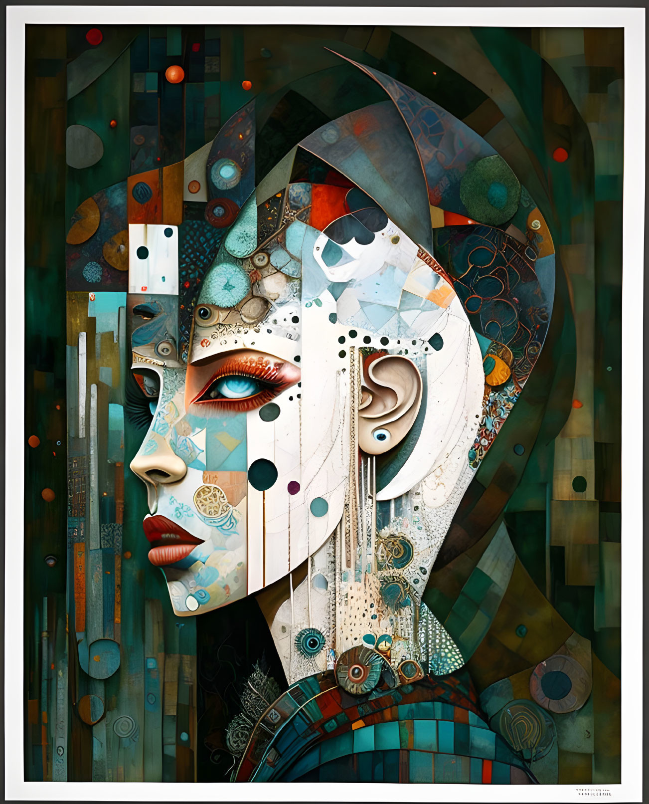 Abstract digital art: Human face with mechanical and geometric motifs