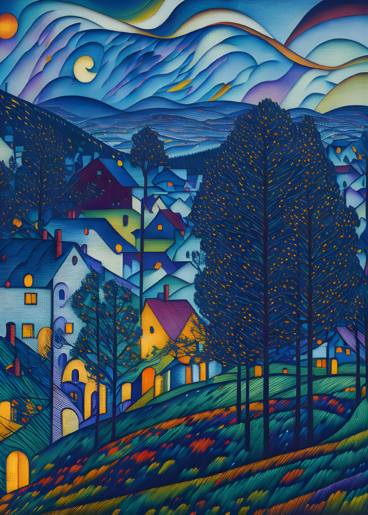 Stylized painting of quaint village with rolling hills and crescent moon