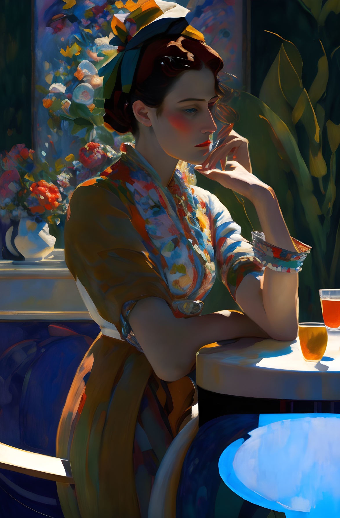 Woman in vibrant attire at table with drink in lush floral scenery