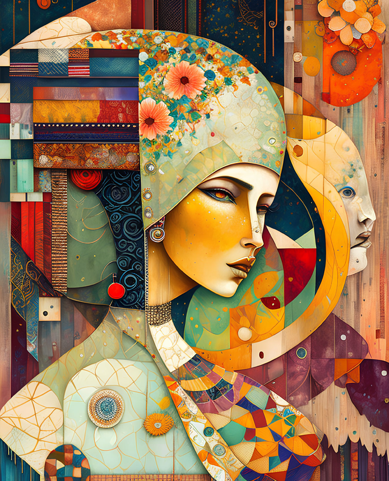 Vibrant digital portrait of stylized woman with patchwork scarf & floral/geometric designs