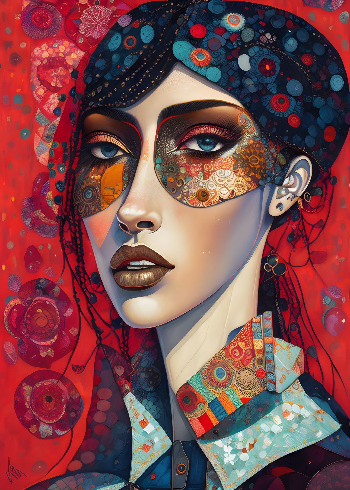 Colorful digital art portrait of a woman with intricate face patterns, golden eyes, and stylish ear piercing