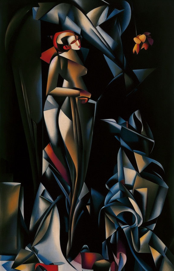 Cubist-style Abstract Painting of Woman in Dark Palette