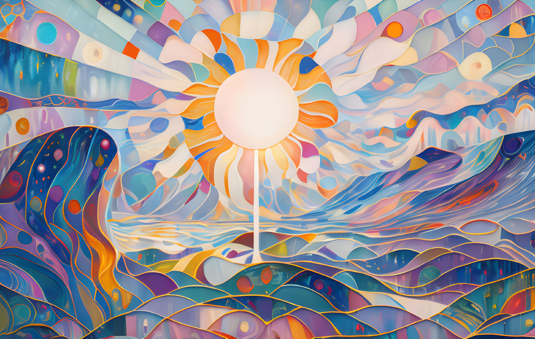 Colorful sun with petals over whimsical landscape in blues, purples, oranges