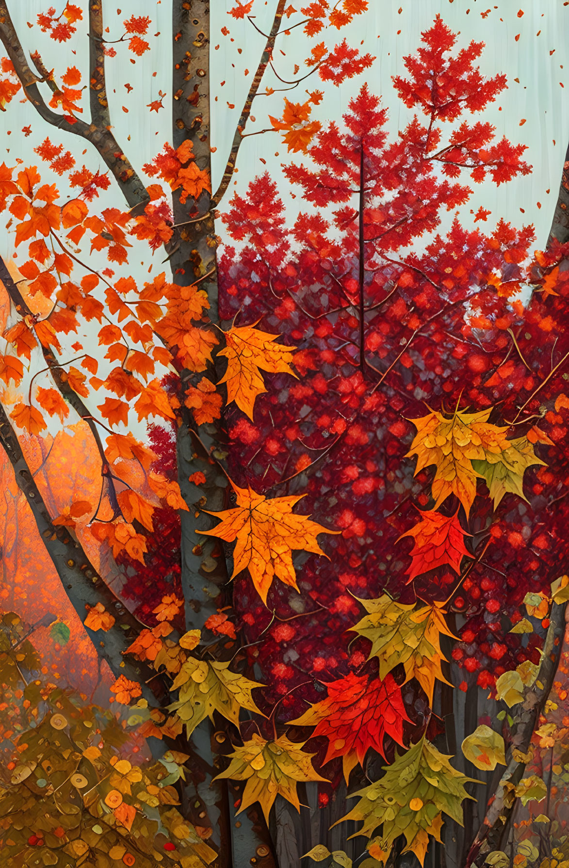 Colorful Autumn Foliage: Red and Orange Leaves on Trees