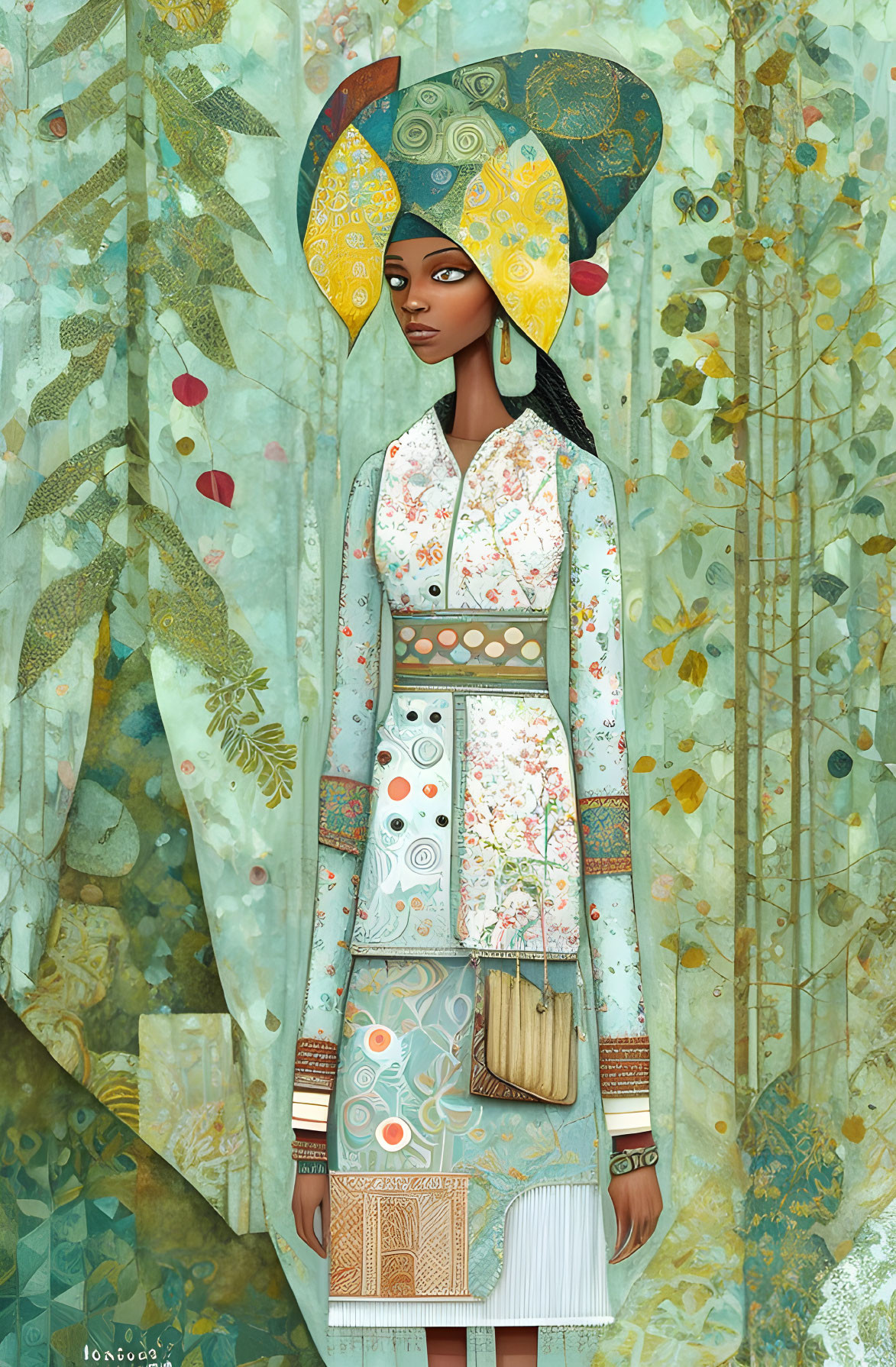 Stylized woman in patterned attire with headwrap on fish motif background