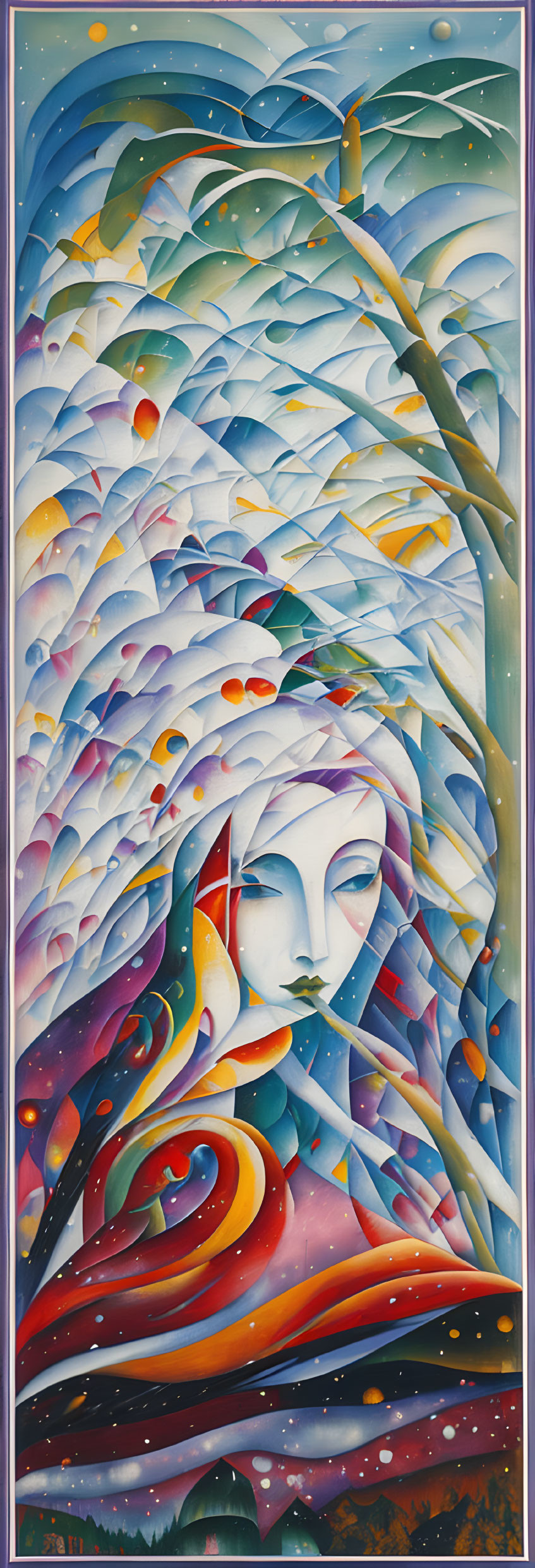 Colorful Surrealist Painting: Peaceful Face in Vibrant Landscape