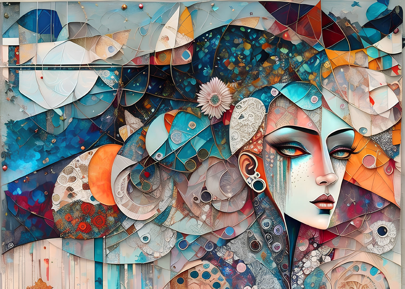 Abstract geometric artwork with stylized female portrait and vibrant colors