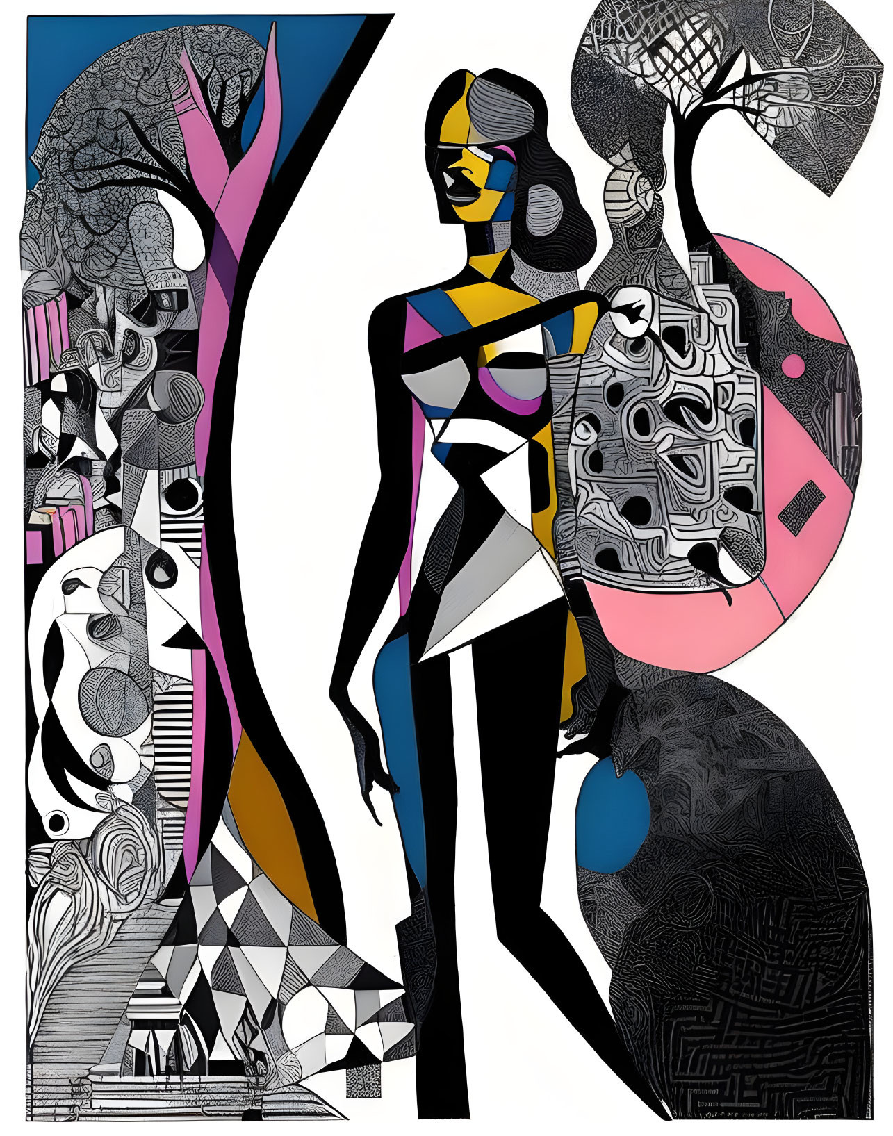 Colorful Abstract Illustration of Woman with Geometric Patterns