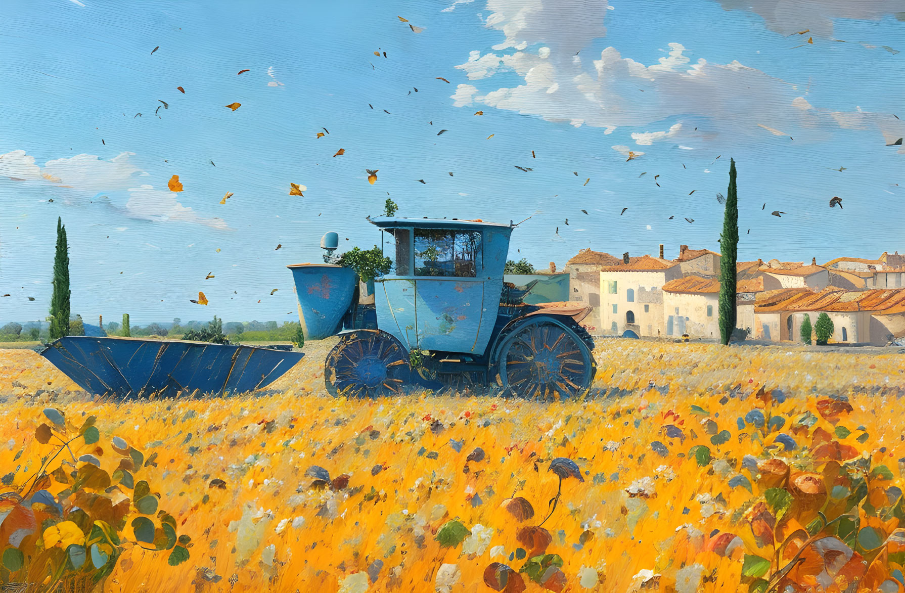 Colorful painting of blue tractor in yellow flower field under blue sky.