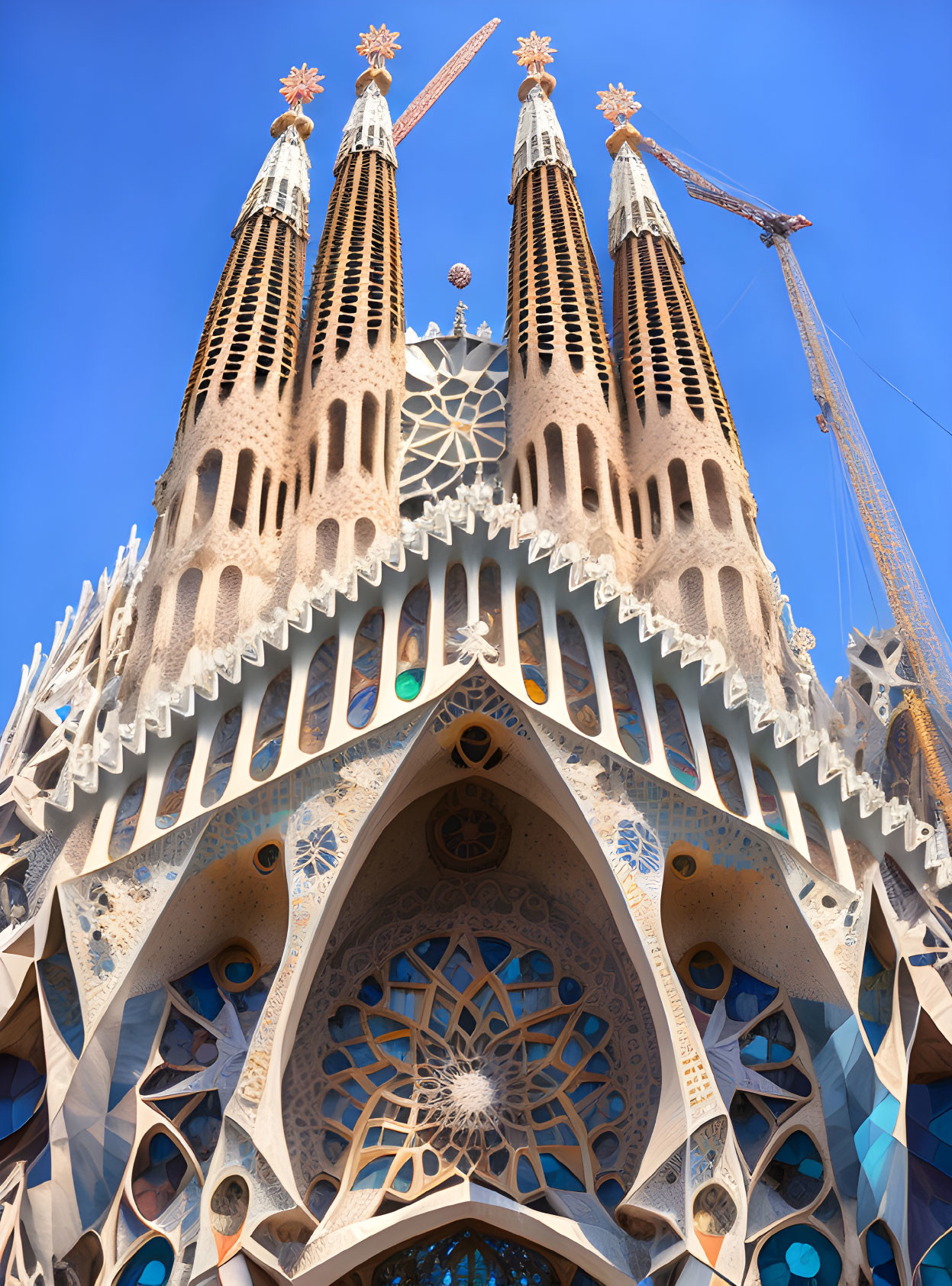 Intricate facade of Sagrada Familia with spires and sculptures under clear blue sky