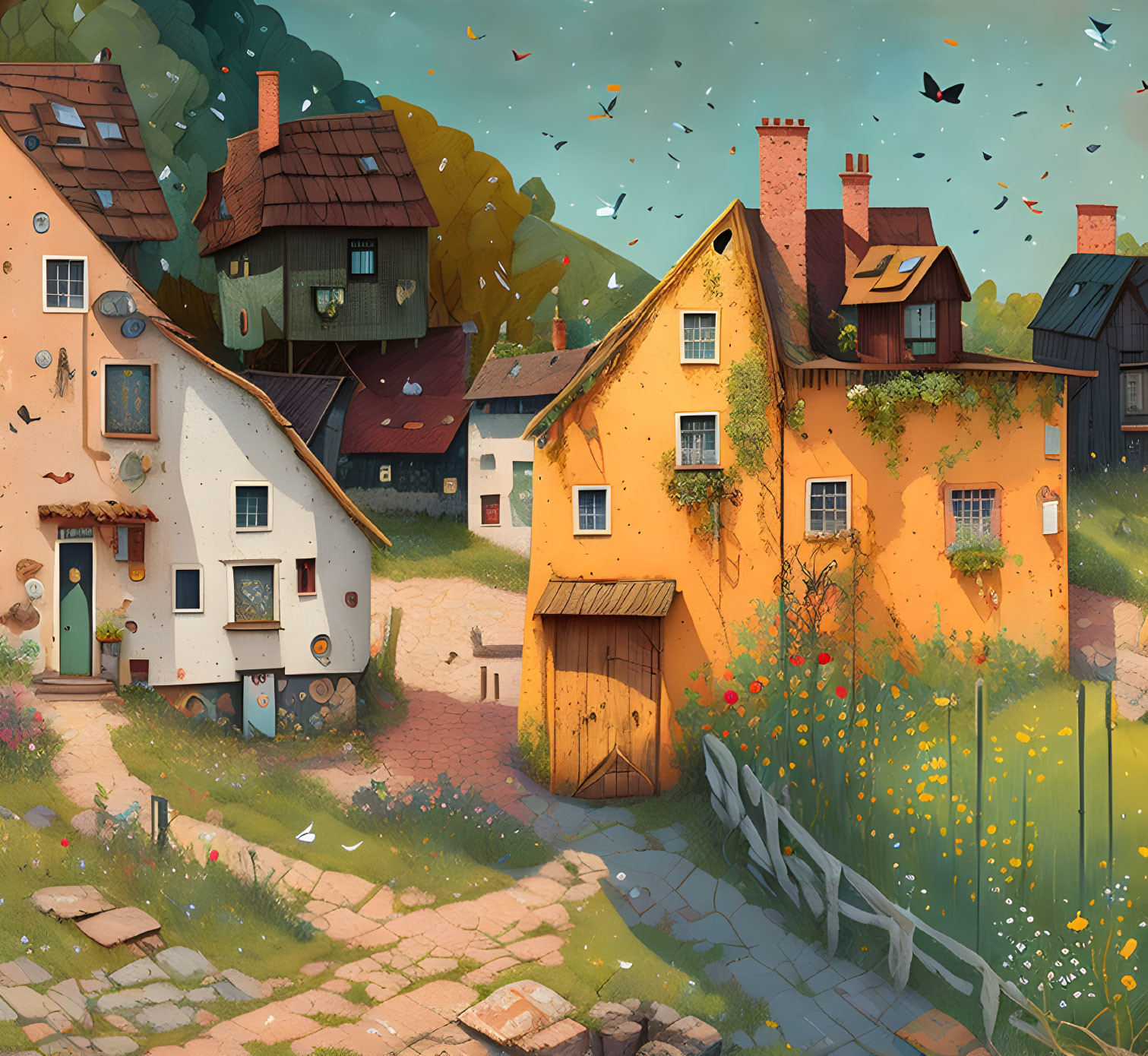 Colorful village scene with butterflies and cobblestone path