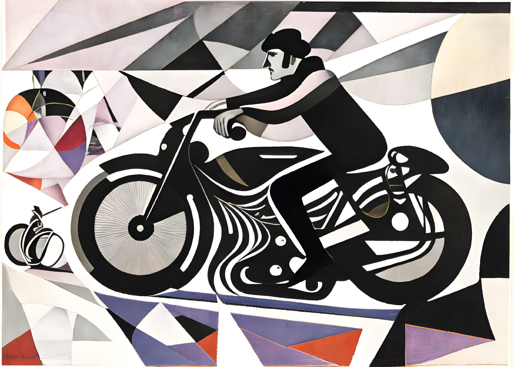 Monochrome painting of person on motorcycle with abstract backdrop