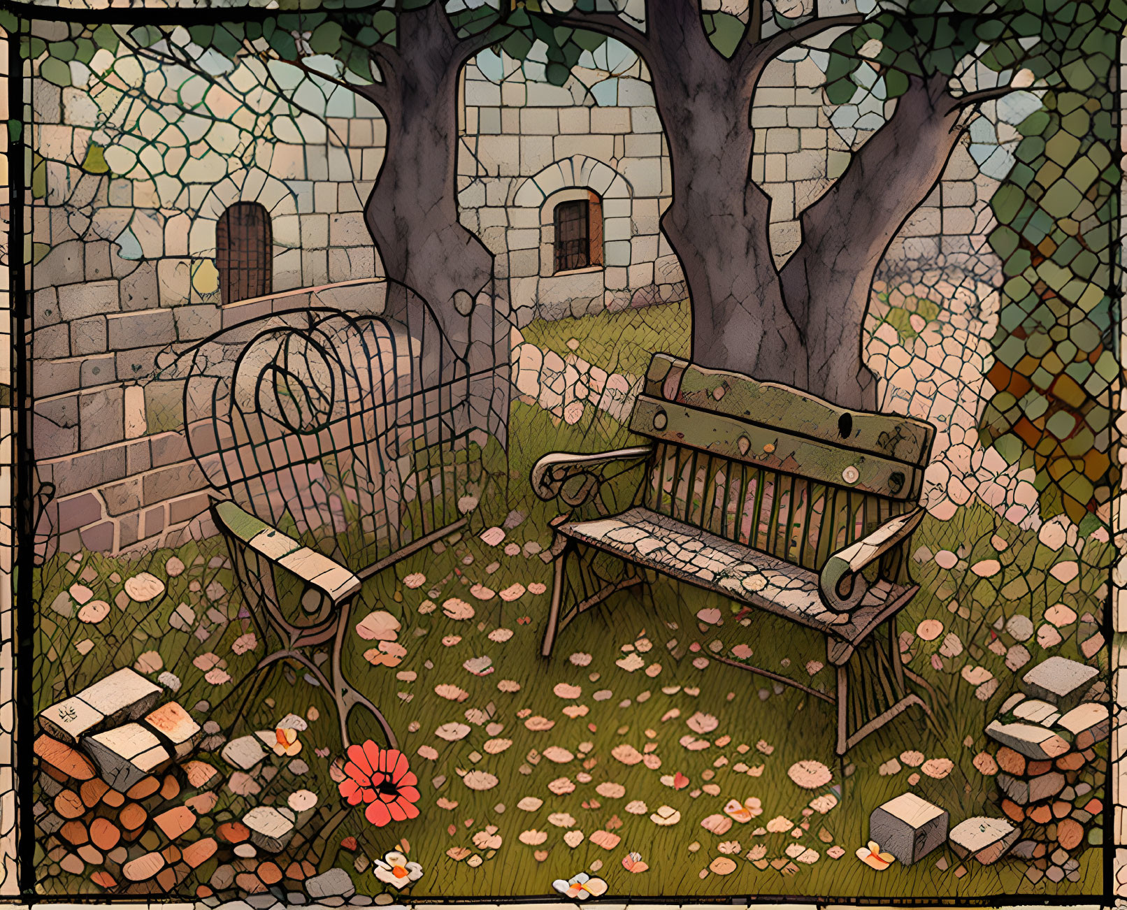 Tranquil garden scene with wrought iron furniture, trees, and scattered petals.