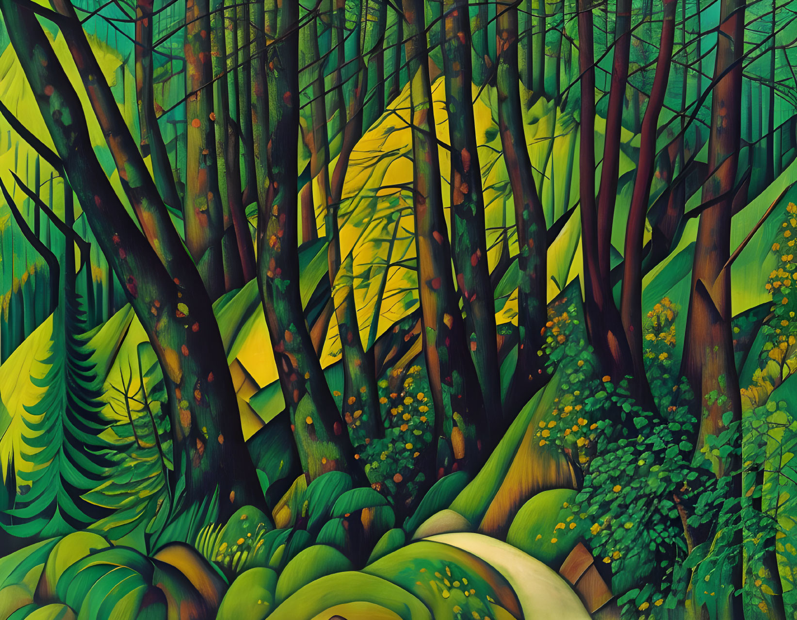 Colorful Forest Painting with Exaggerated Leaf Shapes and Warm Light