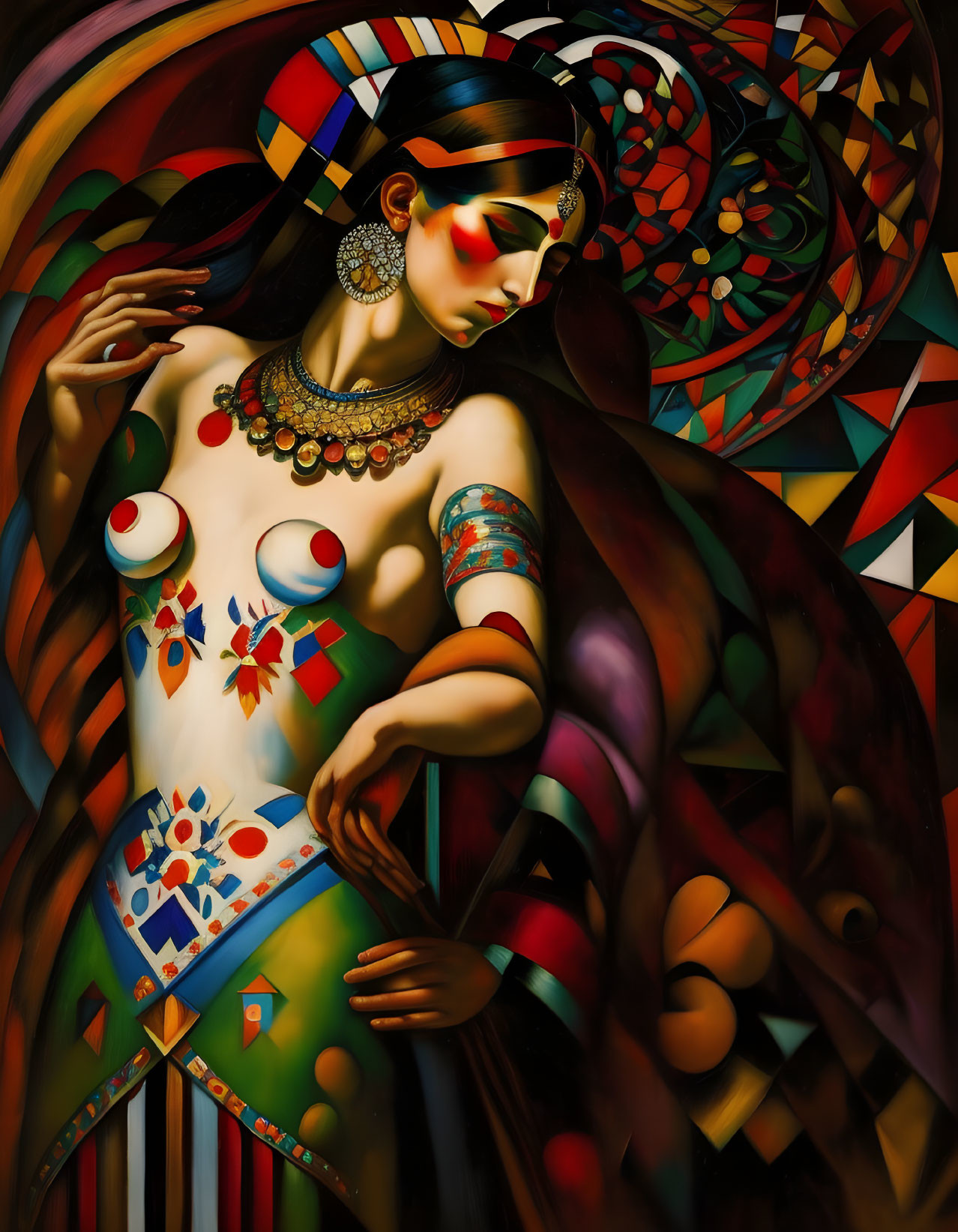 Vibrant painting of a woman with elaborate jewelry and bold colors