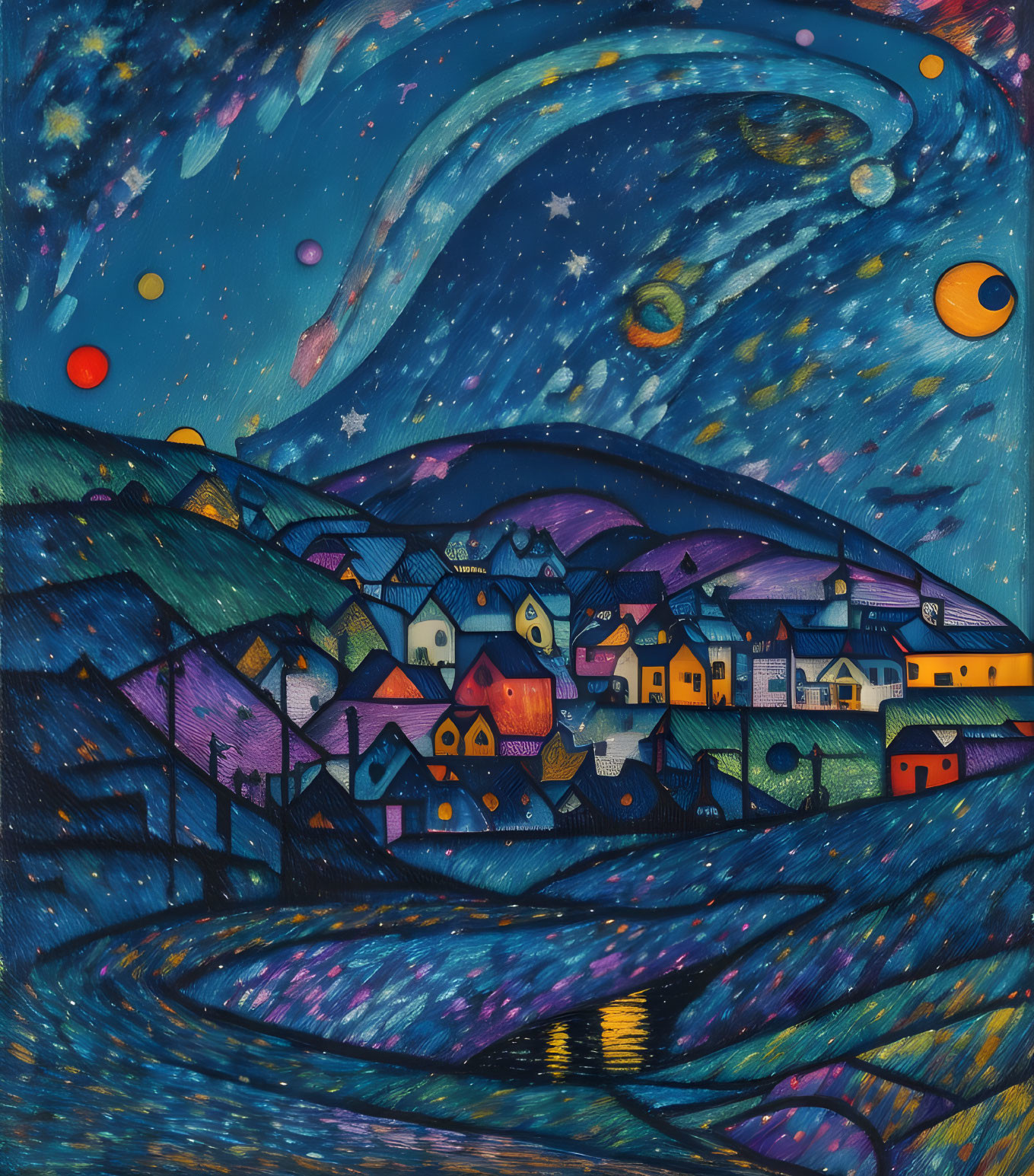 Colorful village under swirling night sky with stars, planets, and comet