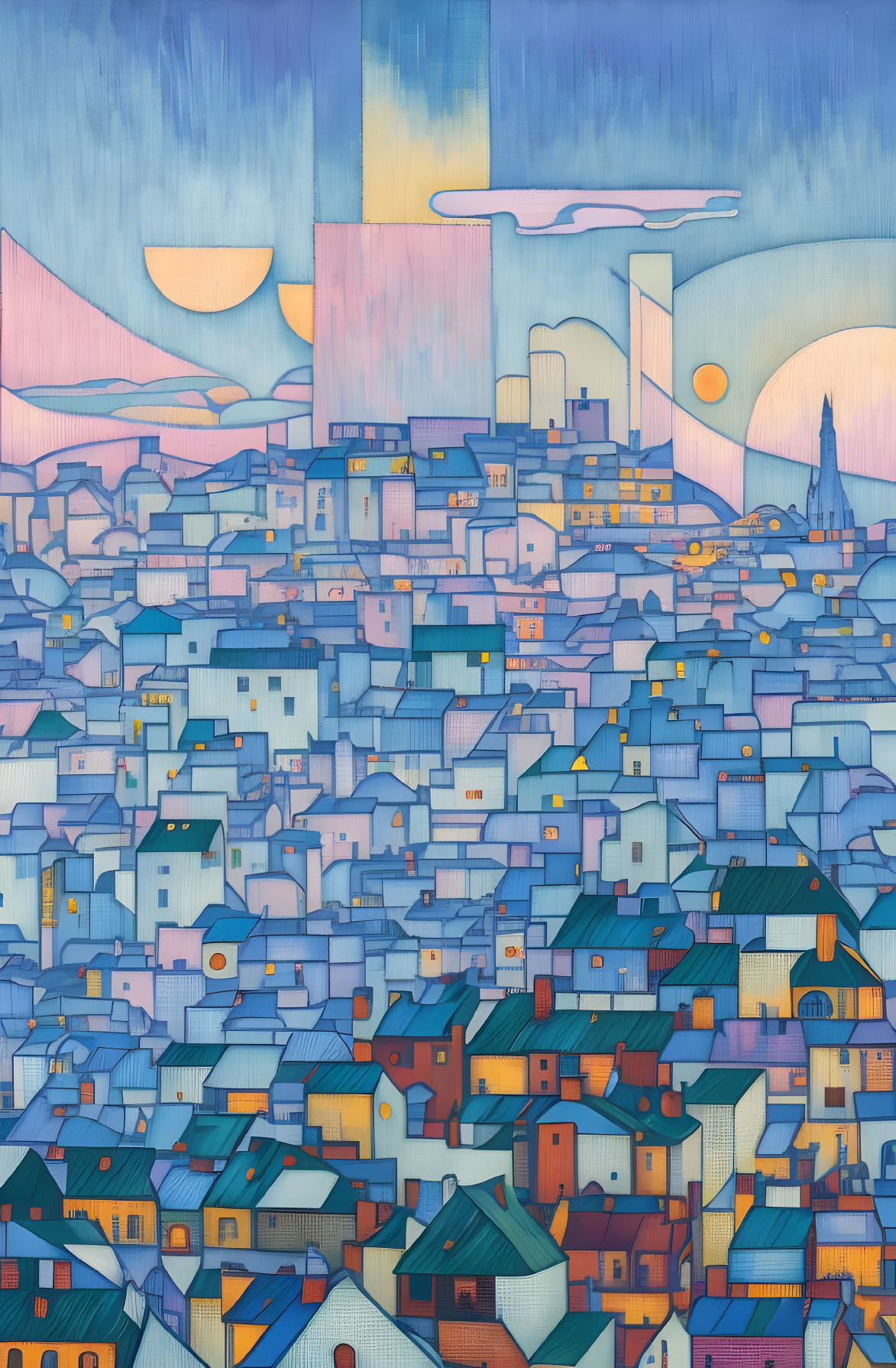 Vibrant cityscape art with diverse buildings and dual-toned sky