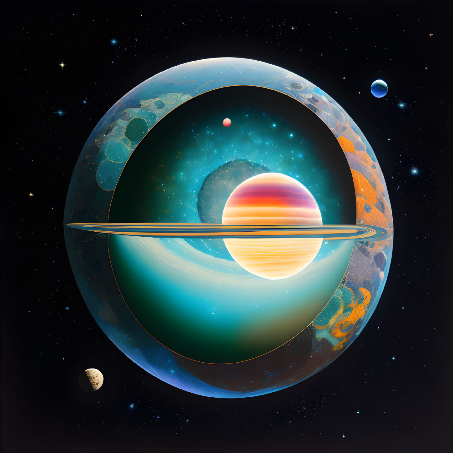 Colorful cosmic artwork featuring planets, rings, moons, and stars