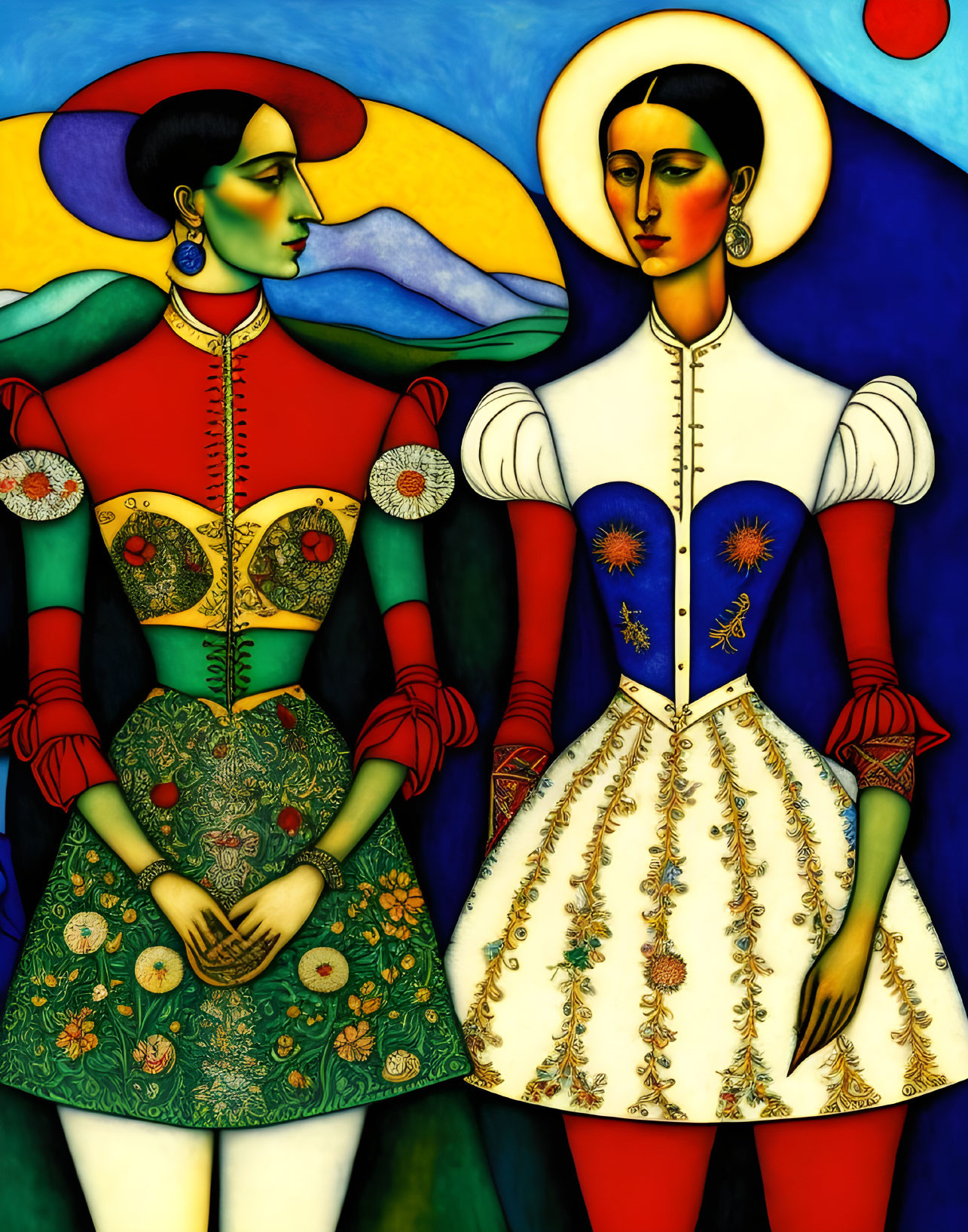 Stylized female figures in ornate dresses against vibrant background