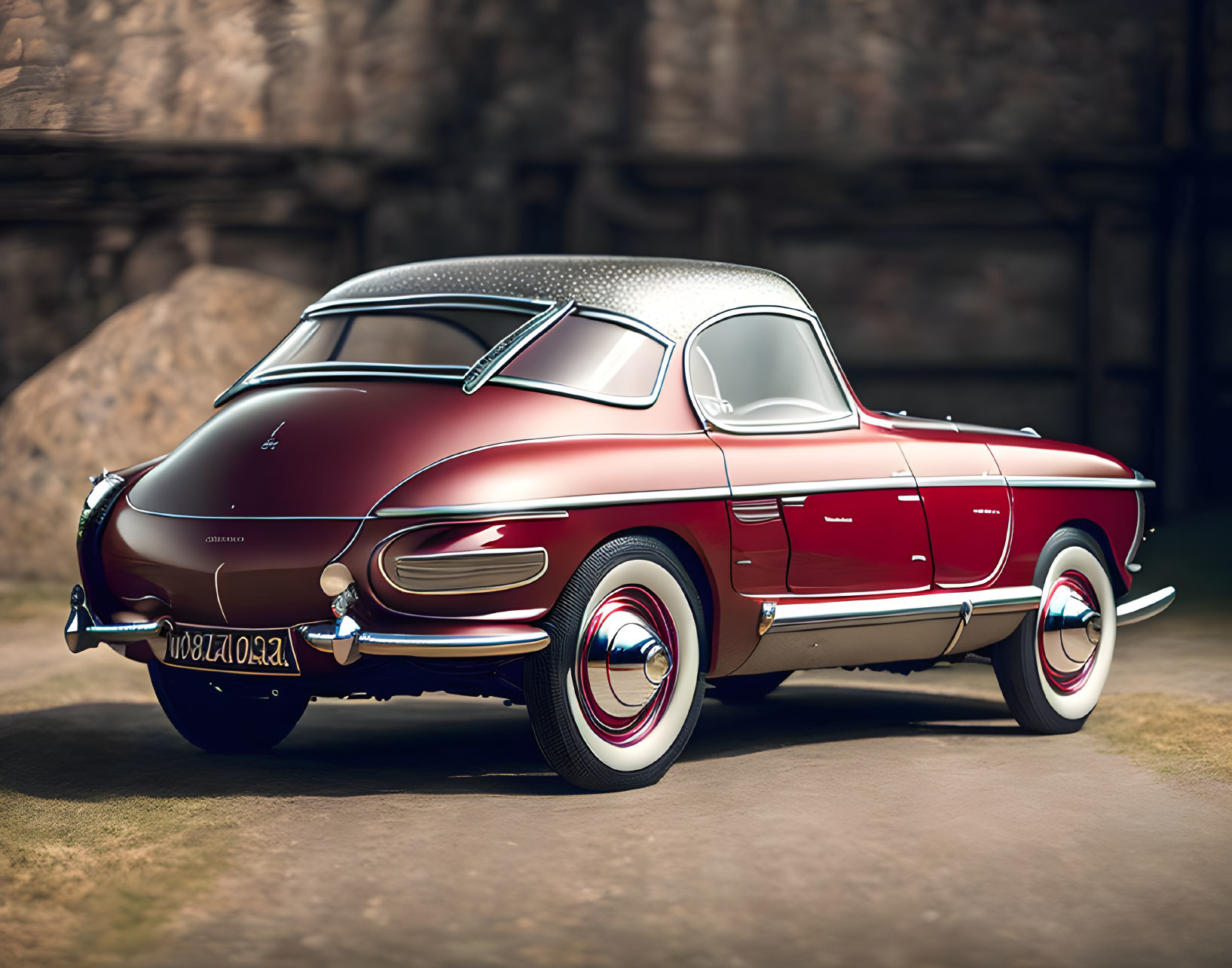 Classic Red Sports Car with White-Wall Tires and Chrome Detailing