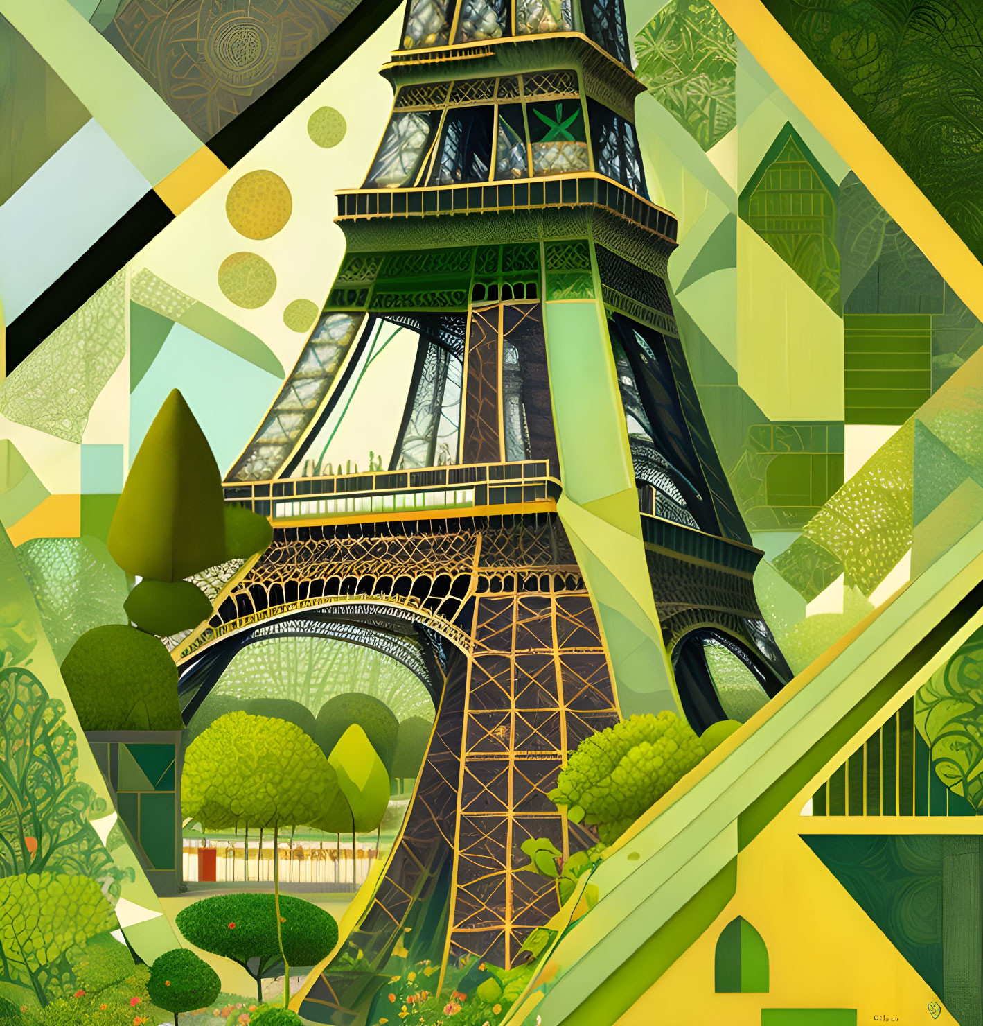 Eiffel Tower with Green Geometric Patterns in Park Setting