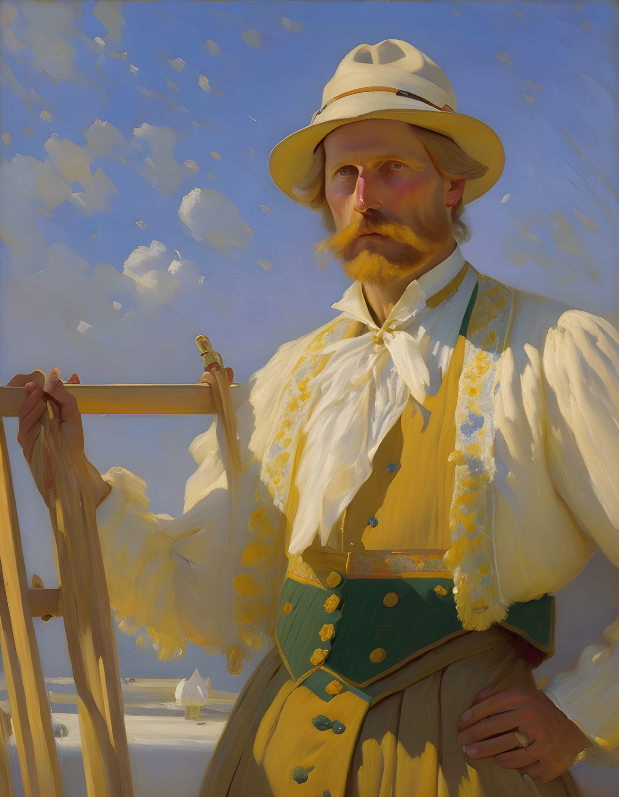 Painter in traditional attire with wooden frame against blue sky