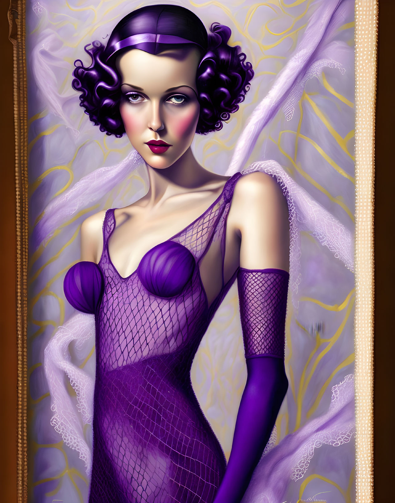 Illustrated 1920s woman in purple dress against yellow backdrop