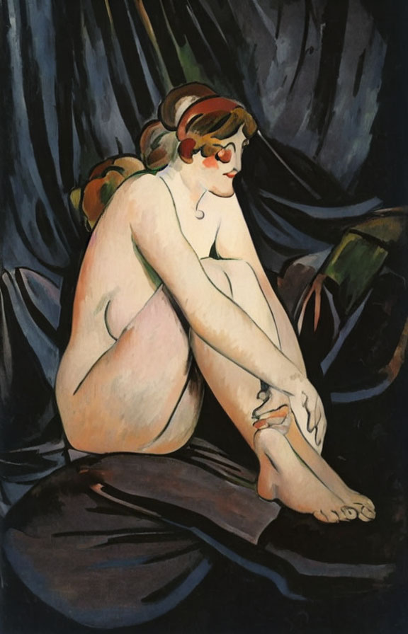 Nude Woman with Auburn Hair and Green Headband Painting