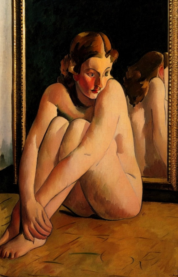 Seated Nude Woman Oil Painting with Reflecting Mirror