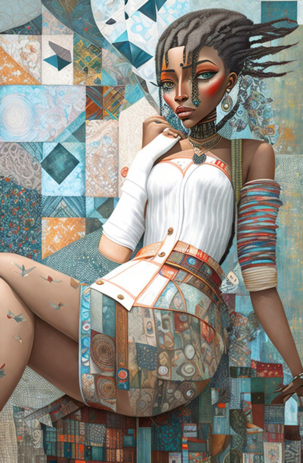 Stylized digital artwork of woman with dreadlocks and patchwork clothes