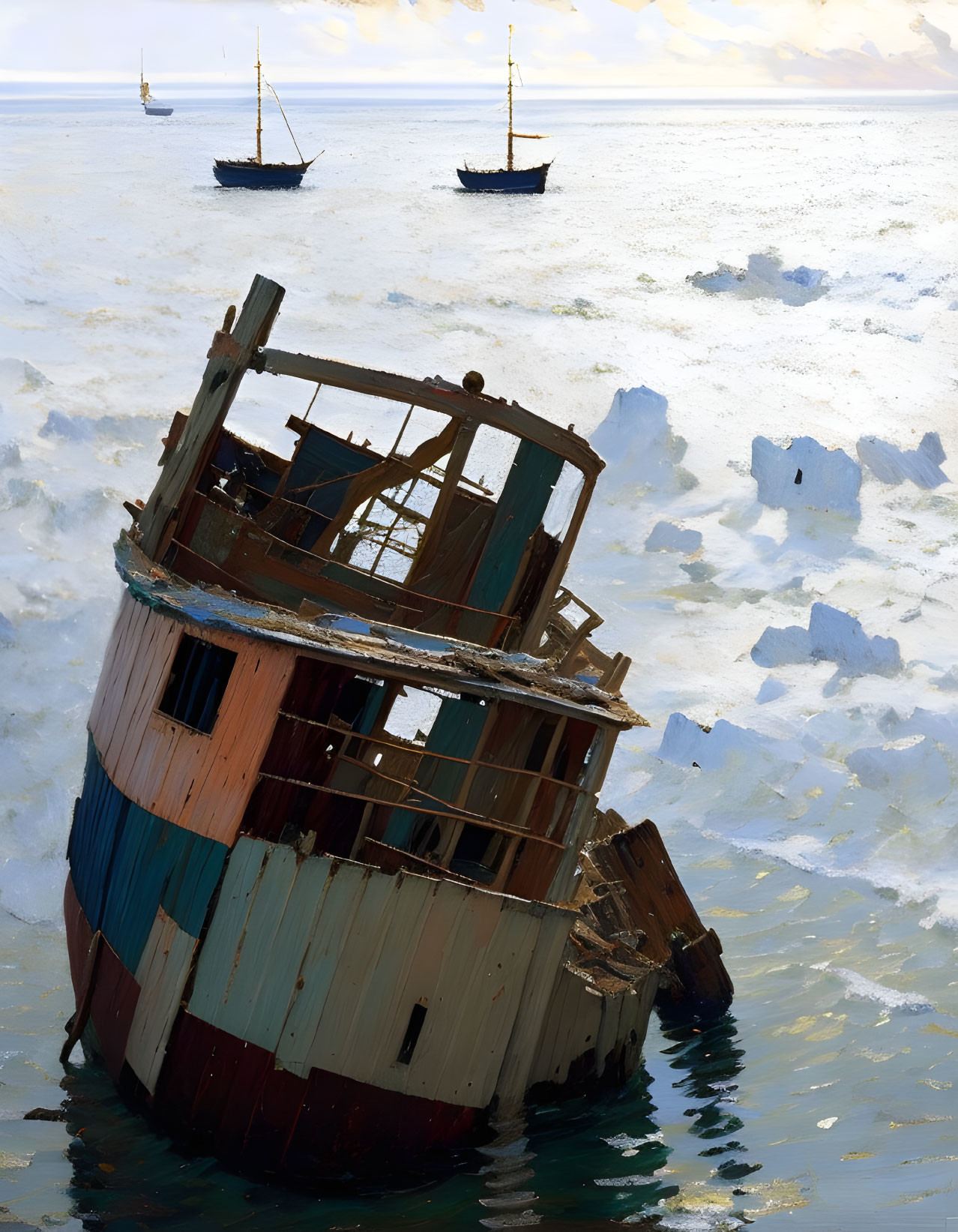 Multicolored shipwreck in icy waters with distant ships and cloudy sky