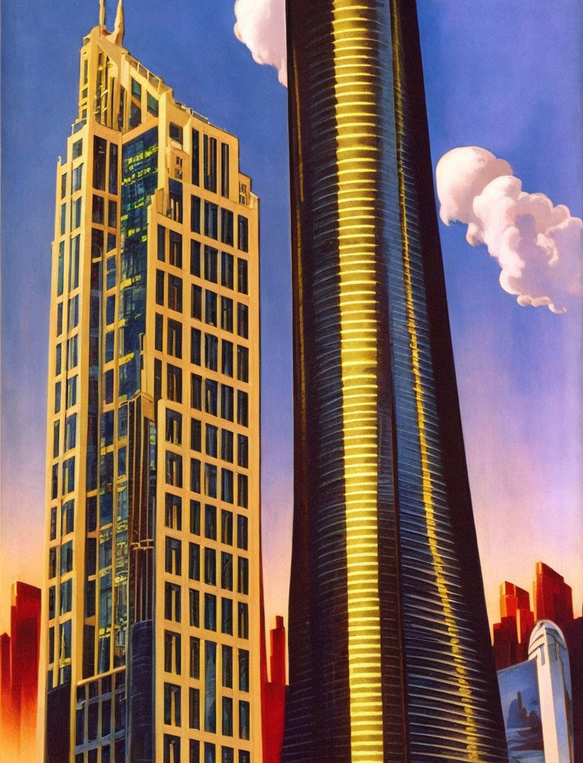 Futuristic skyscrapers in twilight with classic and cylindrical designs