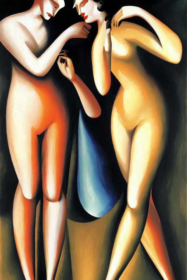 Abstract painting of two elongated figures in black dress and nude, touching hands