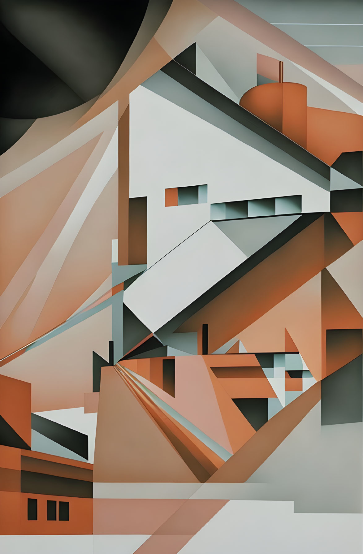 Geometric Abstract Painting in Orange, White, and Black Tones