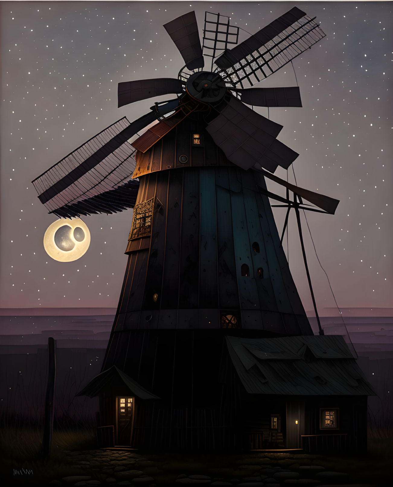 Traditional Windmill and Cottage in Night Scene with Crescent Moon