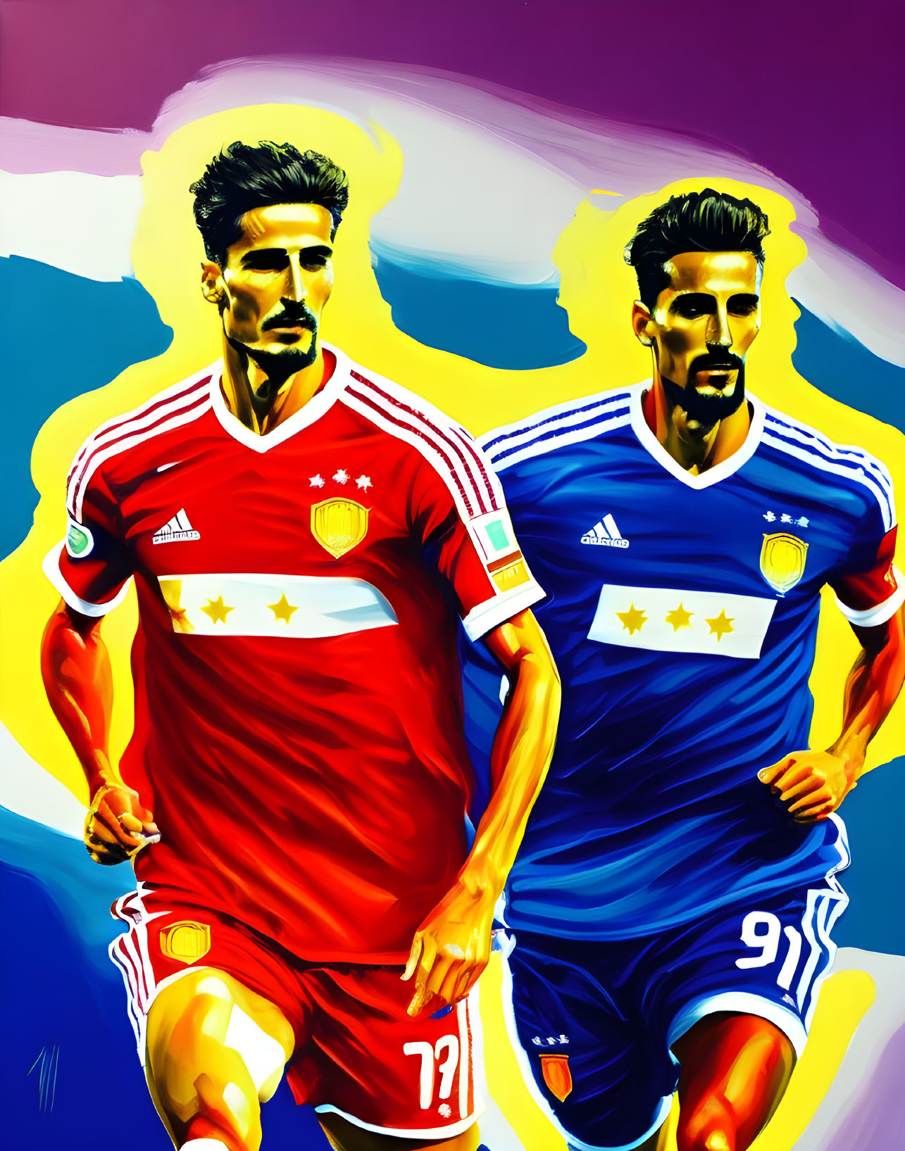 Stylized animated soccer players in red and blue jerseys with Adidas logos on vibrant background